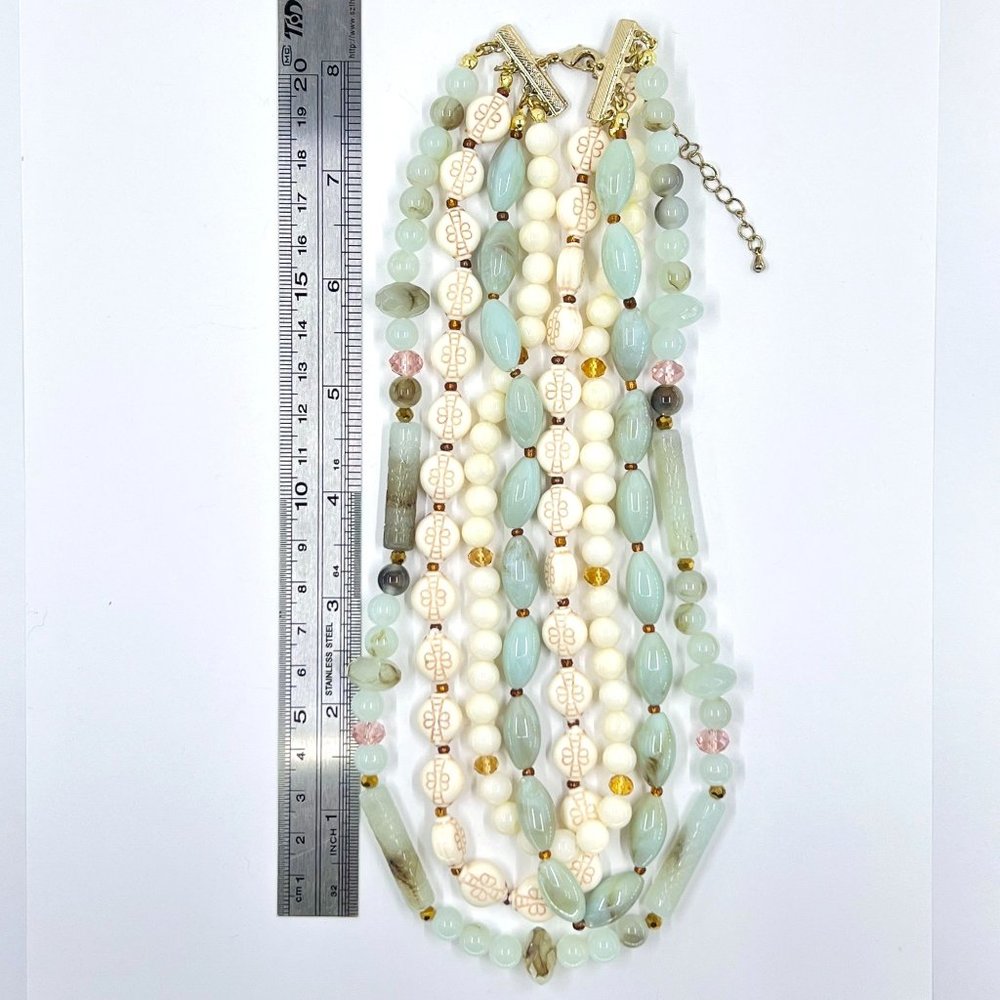 NWOT - Multi Strand Cream & Green Faux Jade 14” Choker Gold Tone Necklace - Picture 6 of 6